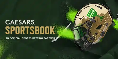 Caesars Sportsbook desktop banner featuring an American football helmet, highlighting its status as an official sports betting partner