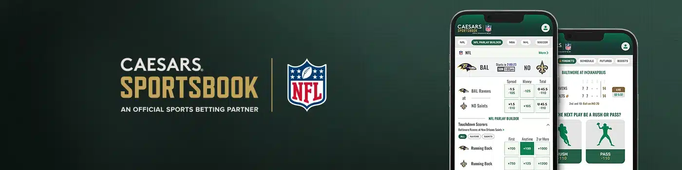 Caesars Sportsbook logo and 'An Official Sports Betting Partner' text are displayed on the left. On the right, a smartphone shows the Caesars Sportsbook app interface with NFL betting options, including a parlay builder, and an NFL logo