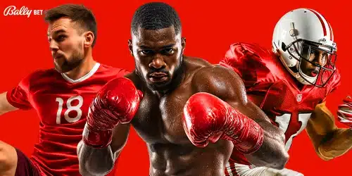 Bally Bet sportsbook banner showing three athletes in red