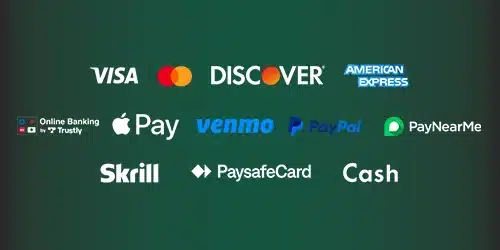 Logos of various payment methods including Visa, Mastercard, Discover, American Express, Online Banking by Trustly, Apple Pay, Venmo, PayPal, PayNearMe, Skrill, Paysafecard, and Cash